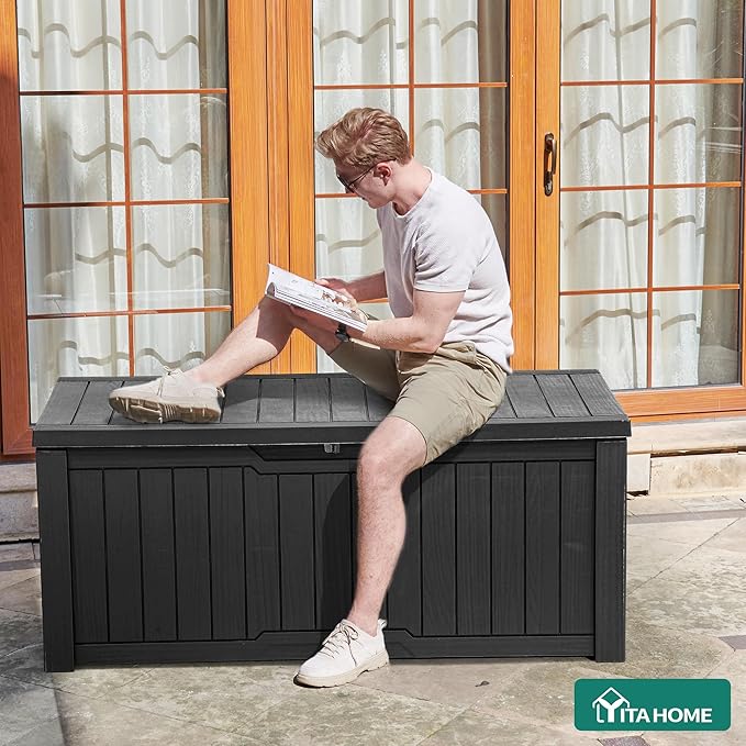 YITAHOME 120 Gallon Large Deck Box, Resin Outdoor Storage Box for Outdoor Pillows, Garden Tools and Pool Supplies, Waterproof, Lockable, Black