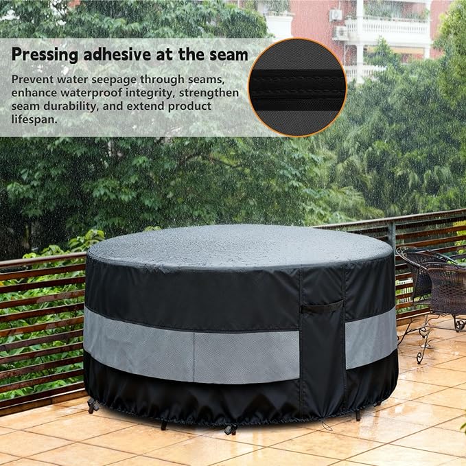 Round Patio Furniture Cover Black Grey Waterproof Up to 10000pa for 42 x 28 Inch Outdoor Round Table Covers
