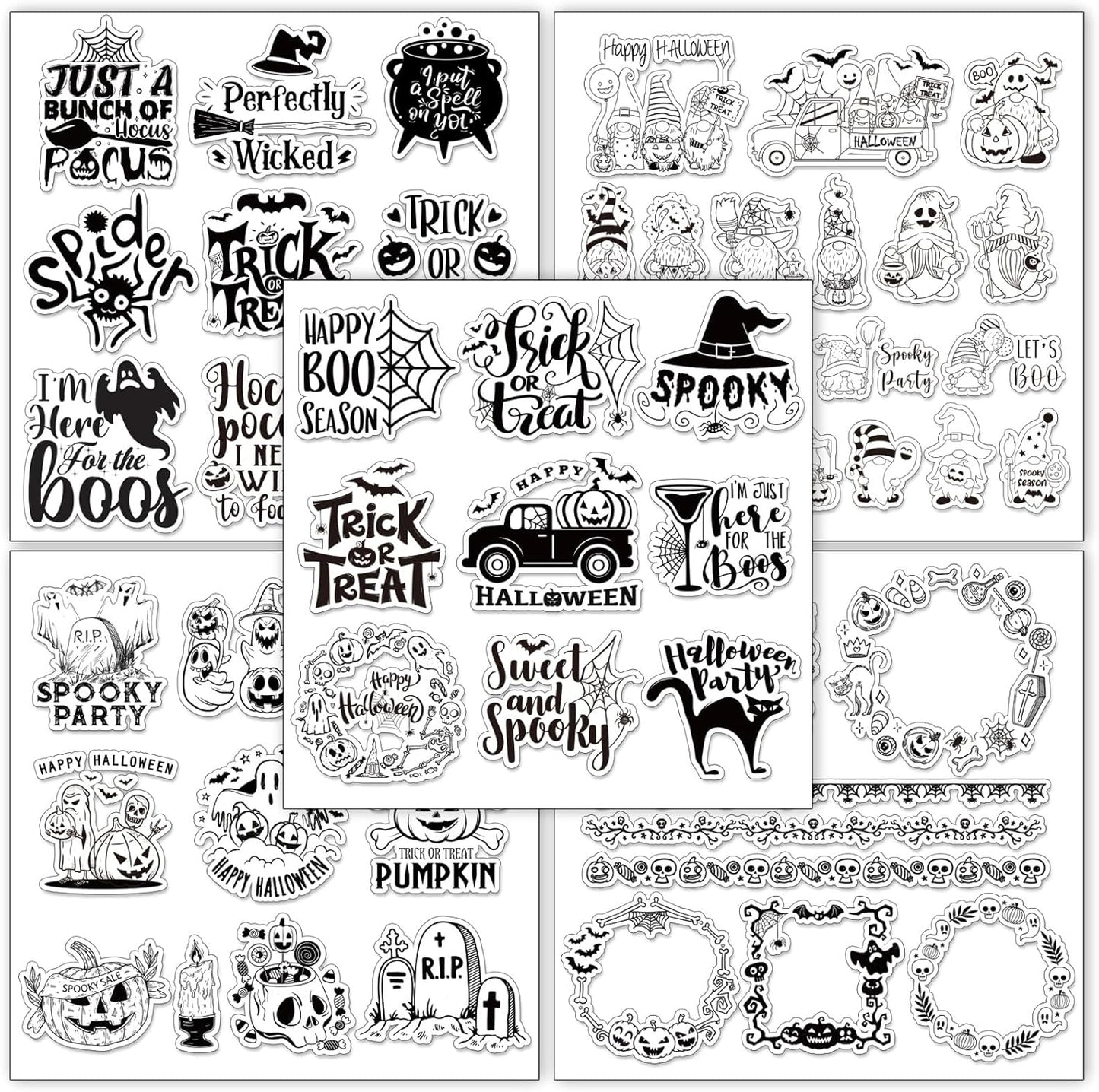 Whaline 5 Sheets Halloween Clear Stamps Gnome Pumpkin Spider Silicone Transparent Stamps Trick or Treat Border Stamp Cards for DIY Card Making Scrapbooking Embossing Album Decor