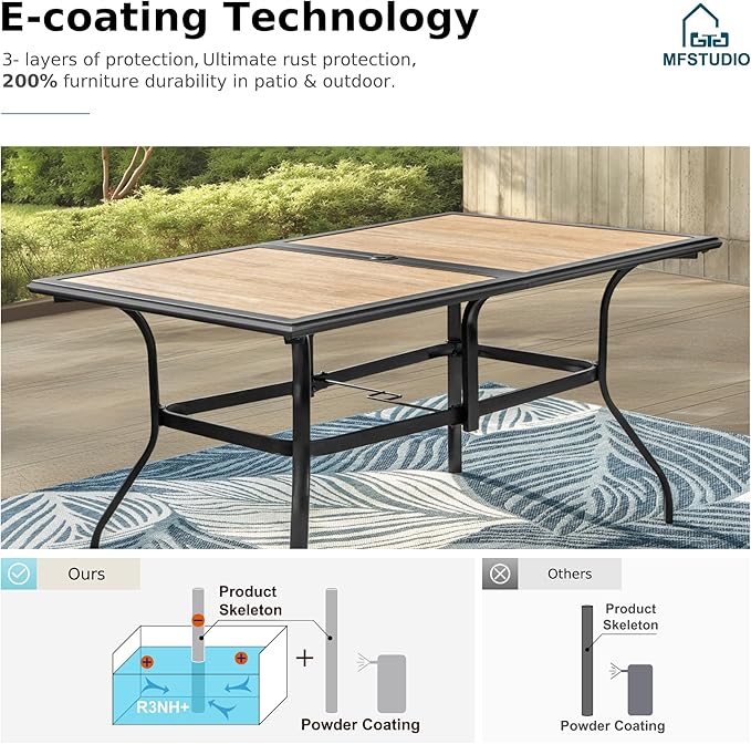 MFSTUDIO Outdoor Patio Dining Table for 6, Rectangular Furniture Table with Metal Frame and Immitation Wood Top, Outdoor Deck Backyard Garden Table with Umbrella Hole