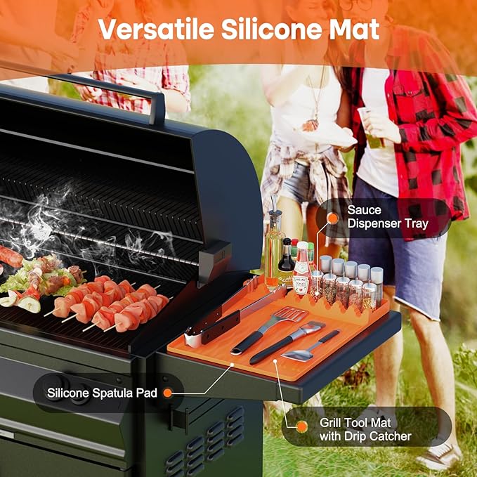 Silicone Grill Tool Mat for Blackstone, Heat Resistant Spatula Mat with Drip Pad, Side Mat for Blackstone Griddle Accessories, Silicone Griddle Mat for Outdoor Kitchen Countertop ,Gifts for Men Orange