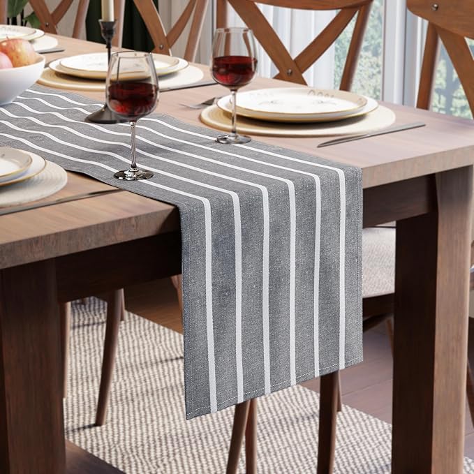 Encasa XO Cotton Dining Table Runner | Roma Grey Stripes | Size 13x72 in - Machine Washable & Durable