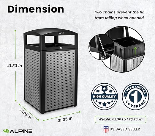 Alpine Industries 40 Gallon Commercial Outdoor Trash Can, Metal with Removable Bin & Locking Lid (Black & Grey)
