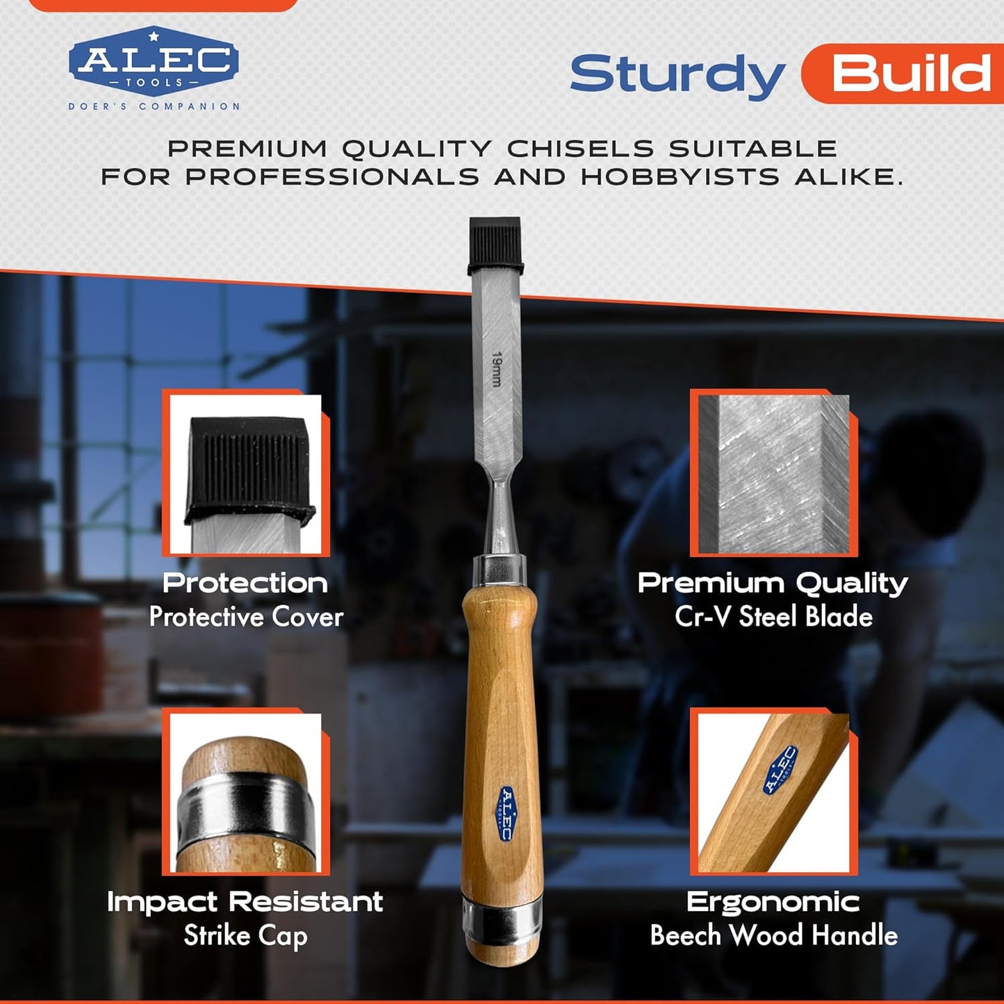 Wood Chisel Set Carpenter Tools – 4Pcs Beech Wood Carving Set with Sharpening Stone, Honing Guide – Woodworking Chisels with Pre-Sharpened Steel Blades – Ideal for Pros, DIY, Hobby