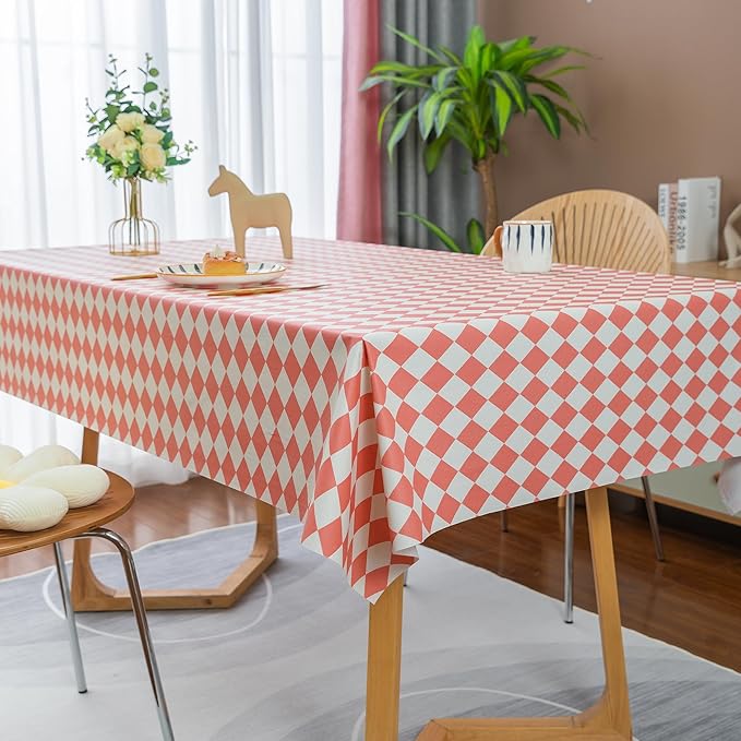 Square Table Cloth,100% Waterproof Tablecloth Oil Proof Spill Proof Vinyl Table Cloth, Wipe Clean Plastic Table Cover for Dining, Camping, Indoor and Outdoor 54" x 54",Pink Checkered