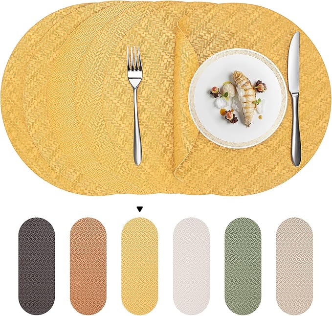 Round Faux Leather Placemats Set of 6 – 13 Inch Vinyl Mats, Heat Resistant, Non Slip, Wipeable & Washable, Easy to Clean Decor for Kitchen & Holiday Meals – Golden Yellow