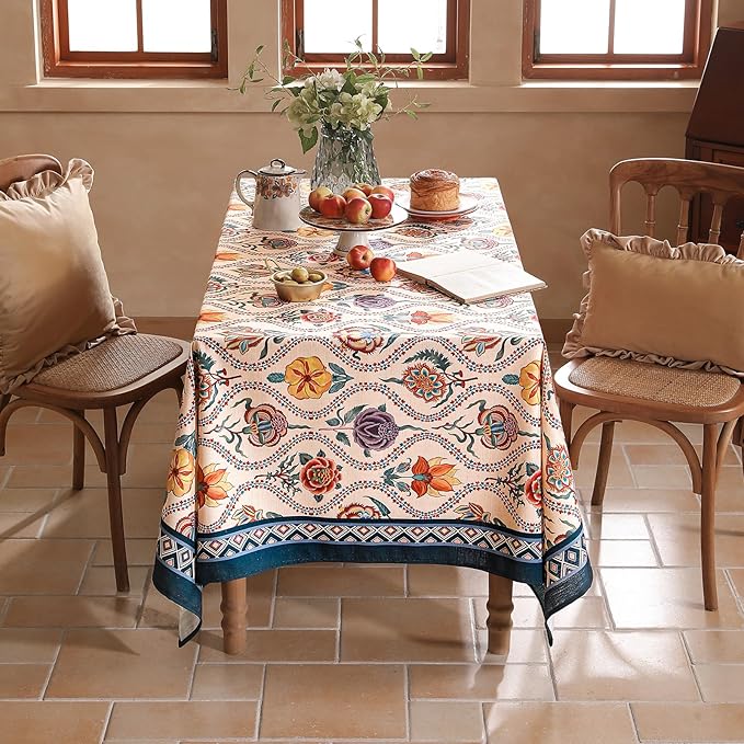 Vintage French Rectangular Tablecloth,Linen Tablecloth with Rose and Cornflower Pattern,Decorative Table Cover for Kitchen,Dining,Thanksgiving,Tea Party,55" × 79"-Lanae