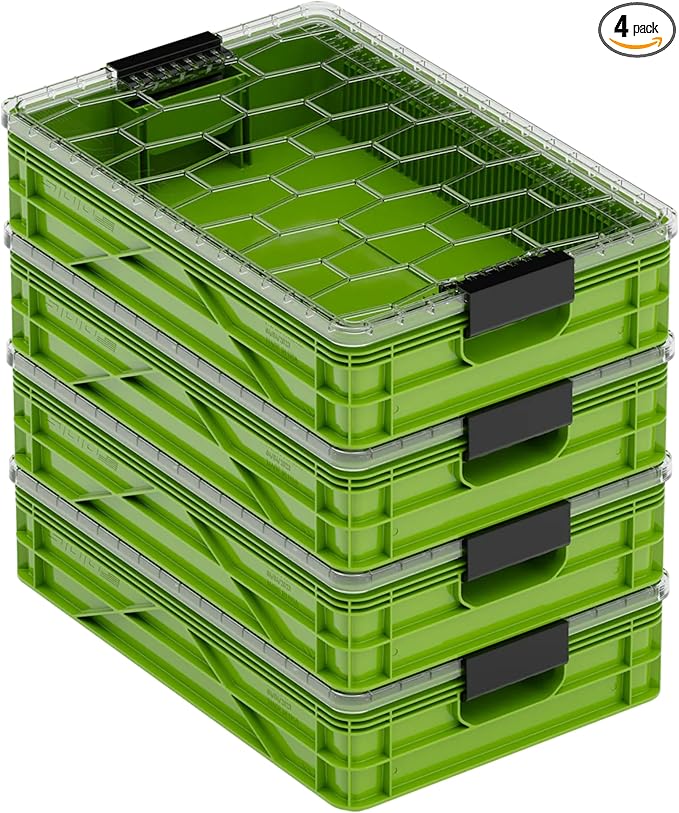 SIDIO Quarter Crate 4 Pack of Stackable Storage Bins - Organizer Bins with Dividers for Garage Organization, Home Storage - Heavy Duty Plastic Containers - 19.16” x 12.75”x 4.57” (Slime)