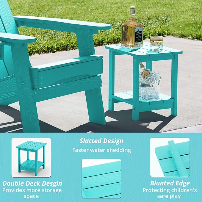LUE BONA Adirondack Outdoor Side Table, 2-Tier Aruba Blue HDPS Patio End Table Weather Resistant, Outdoor Morden Side Table for Patio, Pool, Porch