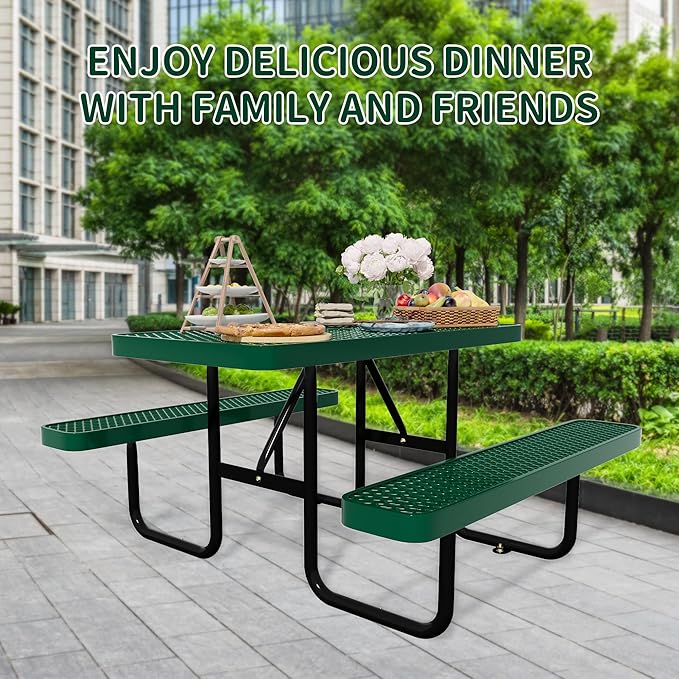 4FT Picnic Tables for Outdoors, Rectangular Commercial Metal Picnic Table Bench Set with Umbrella Hole,Heavy Duty Steel Weather-Resistant Dining Table for Patio Dining Garden Backyard BBQ School