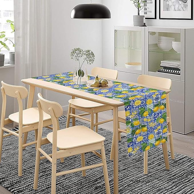 Tiles Lemon Table Runner Blue White Yellow Vintage Rustic Summer Fruit Chic Farmhouse Dining Table Decoration for Home Holiday Party Dresser Kitchen Cabin Restaurant Wedding Decor 13×60in