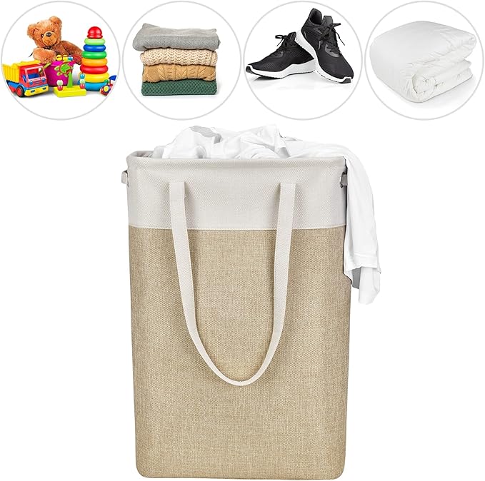 Laundry Hampers 15.2Lx7.5Wx23H Small&Tall Slim Fabric Laundry Baskets Thin Narrow Beige+Khaki Compact Hamper Capacity 43L for Space-Saving,QY-SC24-2