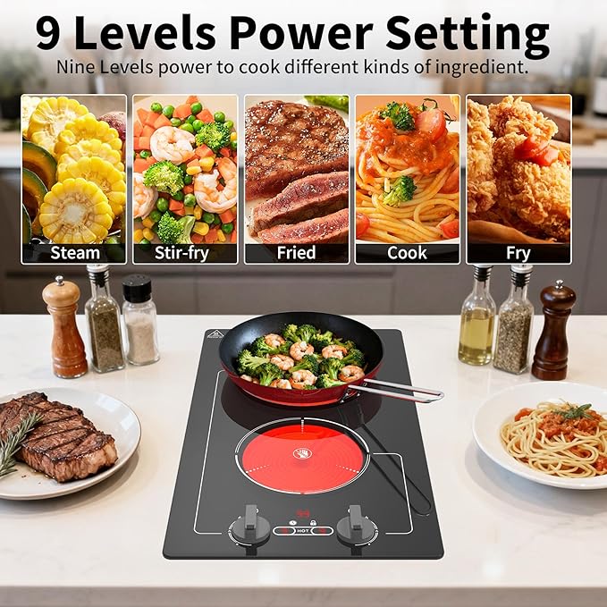 Electric Cooktop,110V 2100W Stove top,9 Power Levels, Kids Lock & Timer, Hot Surface Indicator, Overheat Protection,knob and touch control 2 burner Electric cooktop