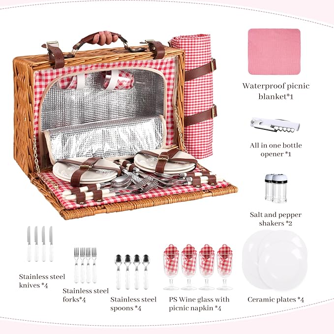 Neti Neti Wicker Picnic Basket for 4 with Insulated Cooler & Waterproof Blanket – Large Willow Picnic Hamper for Outdoor, Camping, Beach, Romantic Dates, Valentine’s Day