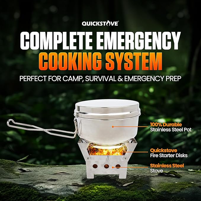 Portable Stove Kit with Camping Pot & 2 Fire Starters, Lightweight Stainless Steel Wood Burning Stove for Emergency Preparedness, Survival Supplies, Camping Gear & Outdoor Cooking