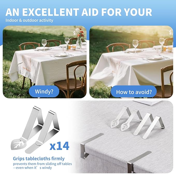 14 Pack Tablecloth Clips, Heavy Duty Metal Picnic Tablecloth Holders Clips Outdoor, Stainless Steel Windproof Table Cloth Holder Clips, For Graduation Party, Restaurant Parties, Weddings, Camping