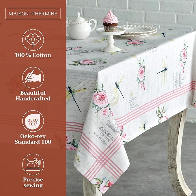 Maison d' Hermine Table Cloth Rectangle Table 100% Cotton 54 x 72 Inches Tablecloth Reusable Decorative for Dining Room, Farmhouse, Home, Party, Festive & Wedding Spring Summer - Champ De Mars
