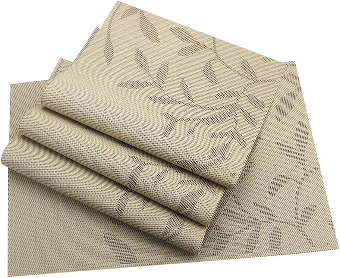 Gugrida Place Mats PVC Set of 6, Table Placemats Set of 6 PVC Washable Woven Vinyl Place Mats Heat Insulation Top Meal Mat Table Mats Natural Color (6 pcs, Gold Leaves), 18 x 12 inches