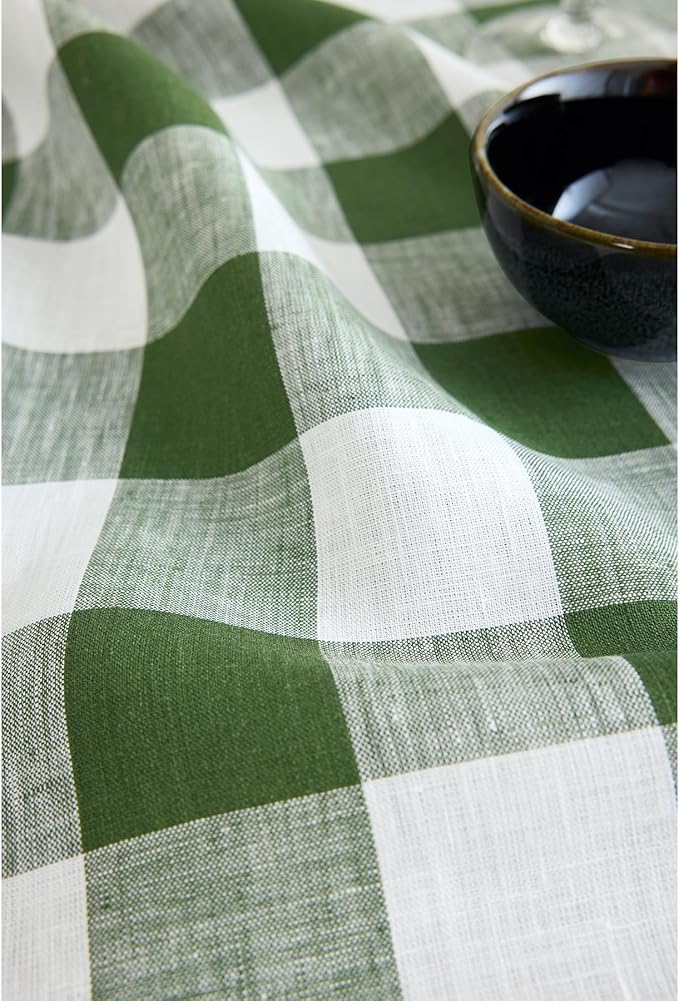 Solino Home Linen Table Runner 132 Inches Long - 100% Pure Linen Olive and White Buffalo Check Extra Long Table Runner 14 x 132 Inch Ideal for Dining, Spring, St Patricks Day, Easter