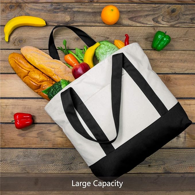 TOPDesign 1 | 3 | 6 | 30 Pack Canvas Tote Bag with an External Pocket, Reusable Grocery Shopping Bag, Top Zipper Closure, Daily Essentials (Black/Natural Pack of 1)