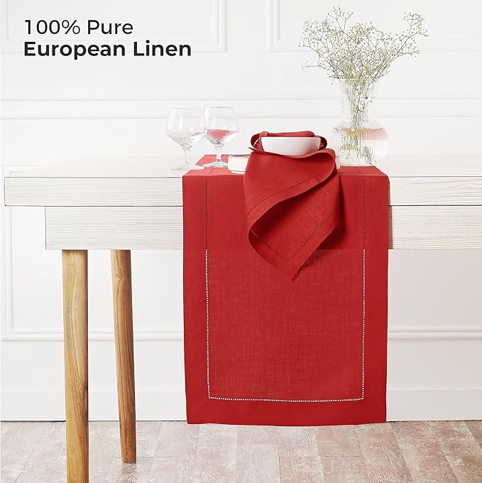 D'Moksha Homes Linen Bright Red Table Runner 72 Inches Long - 100% Pure Linen Hemstitch Table Runner 14 x 72 Inch for Dresser, Dining, Valentines, Spring, Easter - Classic Hemstitch