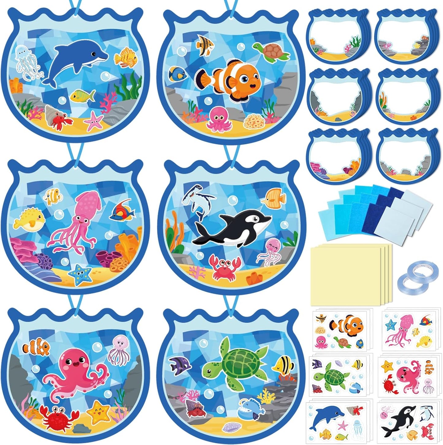 36PCS Summer Activities Crafts Bulk: Sea Animal Ocean Scene Paper Suncatchers, Under the Sea Party Fish Stickers DIY Kit School Classroom Decorations, Window Stained Glass Effect Art Supplies
