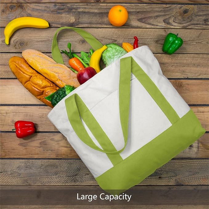 TOPDesign 6-Pack Canvas Tote Bags with an External Pocket, Reusable Grocery Shopping Bags, Top Zipper Closure, Daily Essentials (Light Green/Natural)
