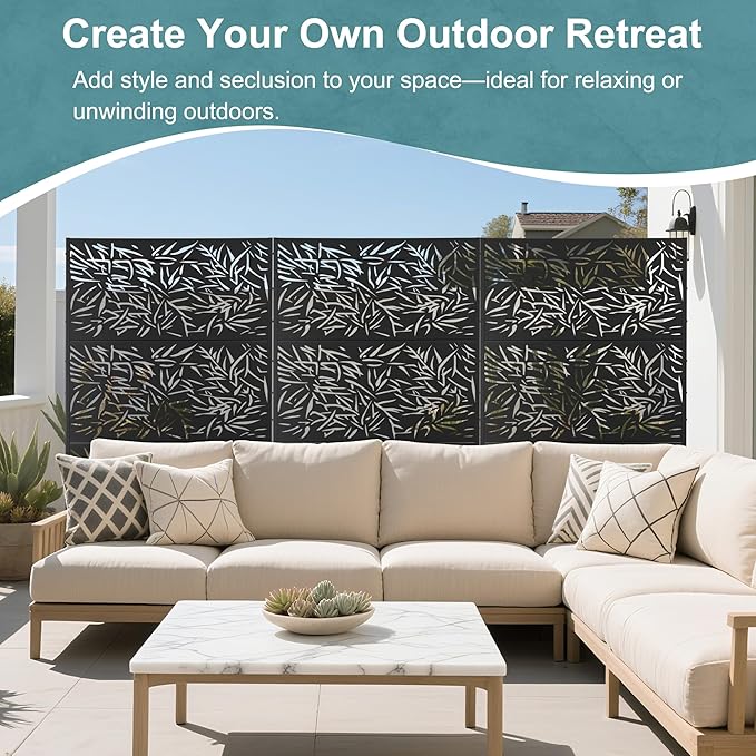 Metal Privacy Screen Outdoor Freestanding Privacy Wall Panels and Decorative Patio Dividers, Crafted from Steel with Sun-Proof Design, Ideal for Patio, Deck, Garden,72" H×47" L（Black&Bamboo）