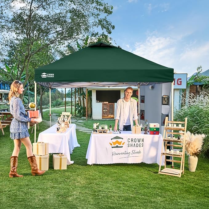CROWN SHADES Canopy Tent 10x10 Pop Up Canopy Outdoor Shade with Pockets Sidewall, Easy Up Sun Shelter with One Person Set Up Center Lock, Portable Instant Camping Beach Canopy Tents, Forest Green