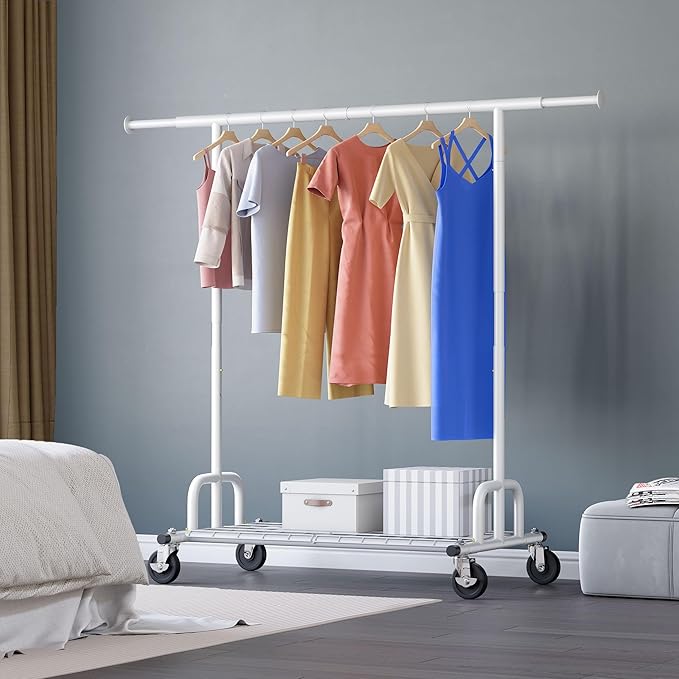 HOKEEPER Clothes Rack Collapsible Clothing Garment Rack Capacity 525LBS Clothing Racks on Wheels Heavy Duty Rolling Clothes Rack for Hanging Clothes for bedroom, Commercial, White 22"D x 75"W x 71"H