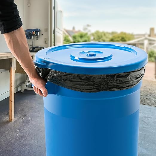 PRO&Family Commercial Round Trash Can with Lid and Dolly Rolling Waste Container, Ingredient Bin, Heavy-Duty Plastic, Anti-Static, Kitchen, Office, Outdoor Use (Blue, 32 Gallon)
