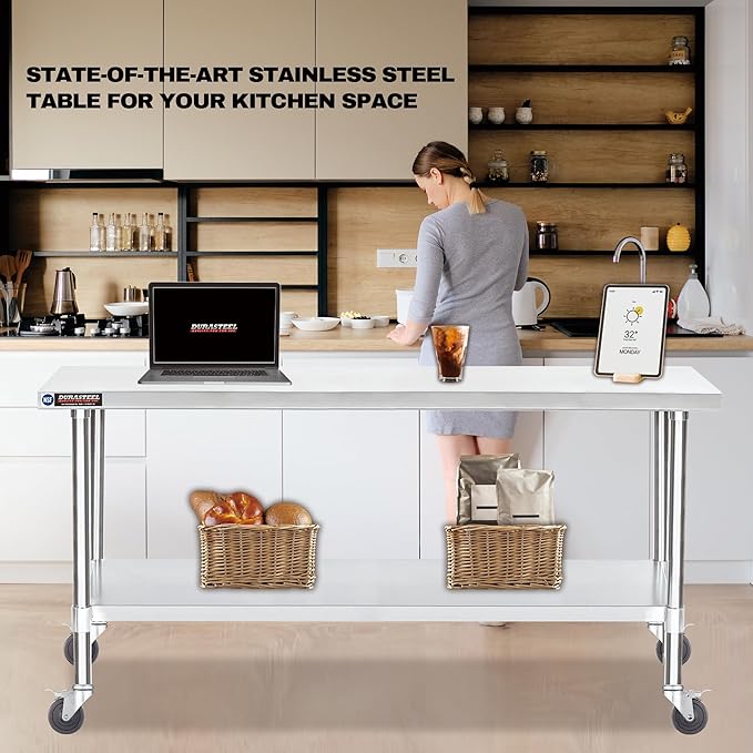DuraSteel 30x72 NSF Stainless Steel Cart - Heavy Duty Food Prep Table with Undershelf - Rolling Kitchen Island on Wheels for Commercial Restaurant Kitchen, Garage, Outdoor Cooking, BBQ Grill, Counter