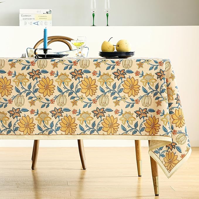 ISAENNE SAENNE Designer Bohemian Floral Extra Long TableclothRectangle,Linen Colorful Table Cloth,Wrinkle Resistant Decor Tablecloths for Dining Thanksgiving Kitchen Christmas,63"*110"-Estevan B