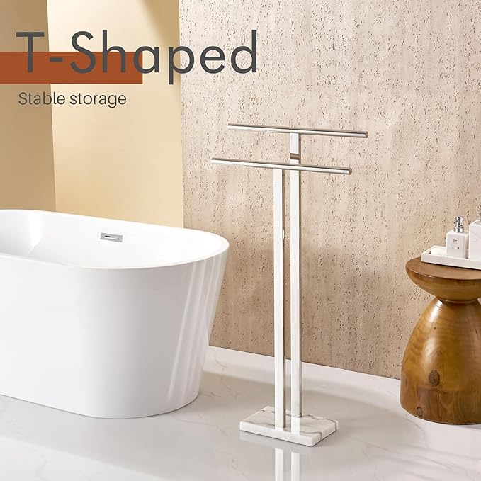 KOKOSIRI Floor Stand Towel Rack for Bathroom 2-Tier Free Standing Towel Holder with Heavy Marble Base Thicken Steady Design Polished Chrome Stainless Steel THS0005-CH