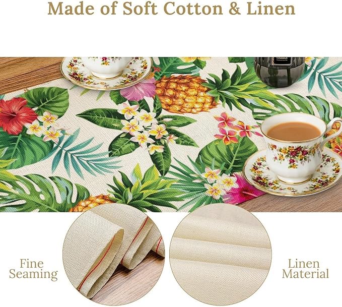 Summer Pineapple Table Runner, Tropical Palm Leaves Flowers Fruit Table Runner for Kitchen Dining Party Holiday Home 13x70in