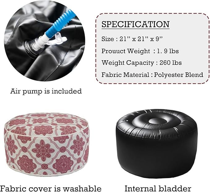 Kozyard Inflatable Ottoman Stool - Portable Round Pouf for Indoor/Outdoor Use - Perfect Small Foot Rest or Seating for Kids and Adults - Ideal for Camping or Home (Vintage Red)