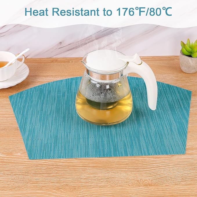 SHACOS Wedge Shape Placemats Set of 4 Round Table Placemats Heat Resistant Woven Vinyl PVC Table Mats Indoor Outdoor Wipe Clean (4, Teal Blue)
