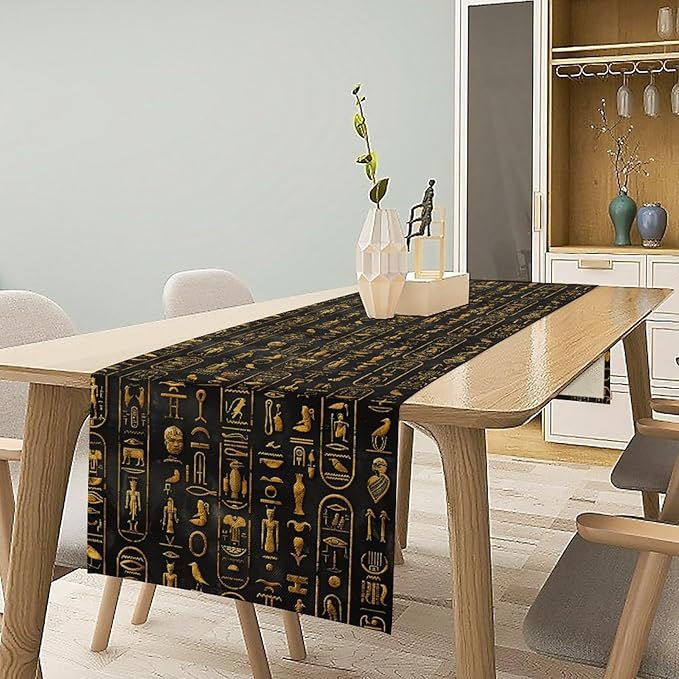 Egyptian Table Runner, Retro Egypt Mythology African Hieroglyphics Alphabet Murals Black Pattern Table Runner for Family Kitchen Coffee Dining Farmhouse Party 13x70in