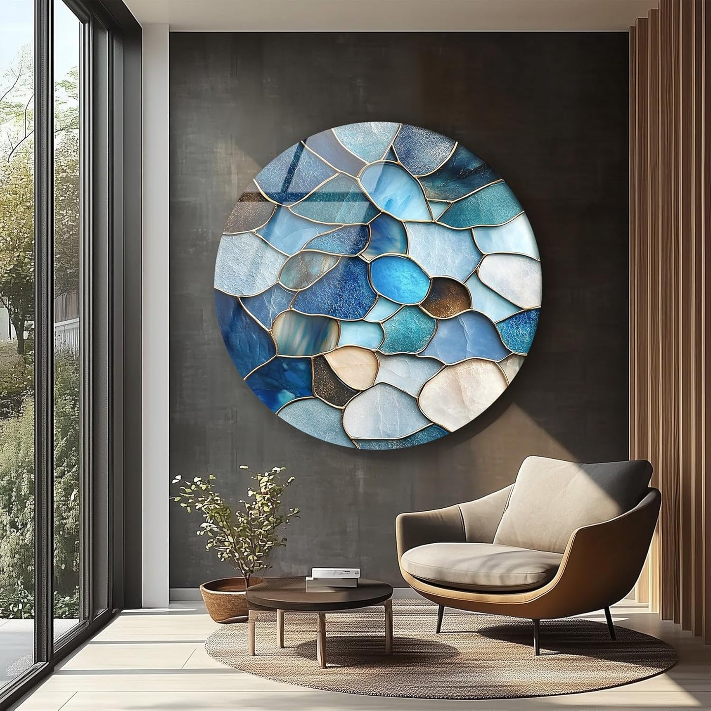 My Photostation.com 39,4''(100cm) Diameter Coastal Blue Stone Mosaic Round Glass Wall Art Tempered Glass Printing Wall Decor Large Wall Art Wall Hangings