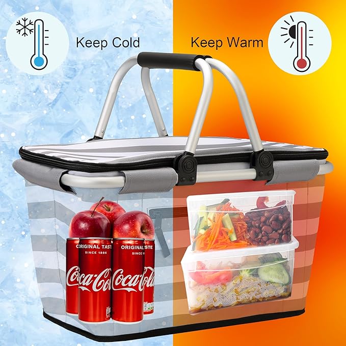 SIYUAN 30L Picnic Basket with Handles Leakproof Large Stripped Insulated Cooler Grocery Shopping Market Tote for Family Gray White