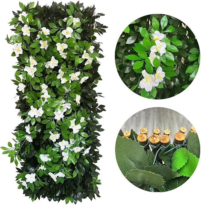 Expandable Fence Privacy Screen for Balcony Patio Outdoor,Decorative Faux Ivy Fencing Panel,Artificial Hedges (Single Sided Leaves) (4, Branches -White Fowers)