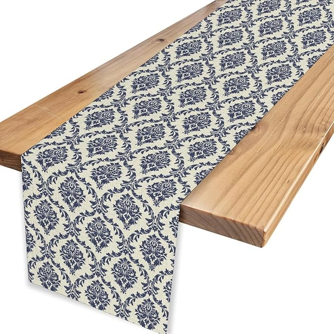 Damask Table Runner, Rustic Gothic Baroque Style Floral Bohemian Boho Blue Flower Antique Vintage Coffee Table Center Decor for Kitchen and Dining Outdoor Country Party Table Decorations, 13"x36"