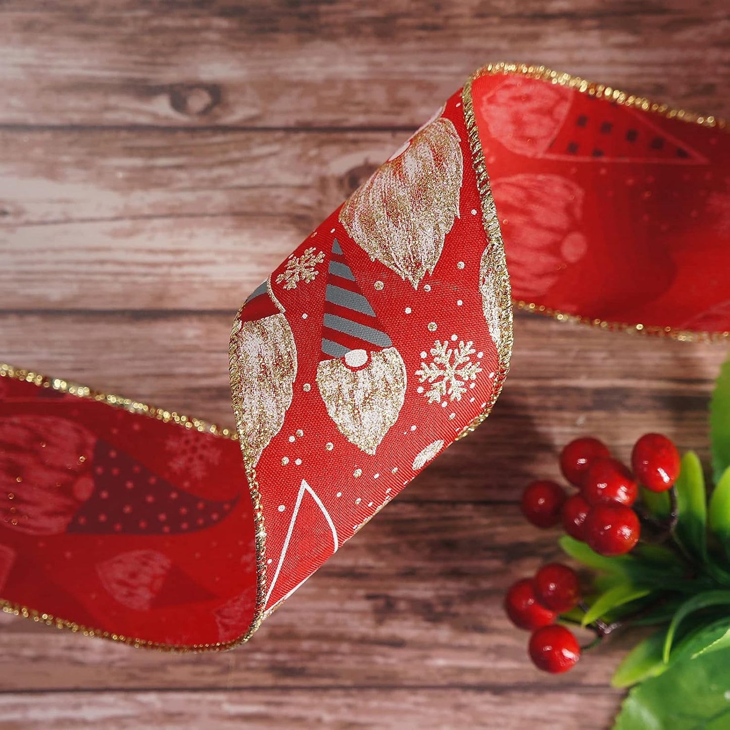 CT CRAFT LLC Red Satin with Elf Christmas Wired Ribbon 2.5 Inch x 25 Yards for Christmas Home Decor Tree Topper Bow Gift Wrapping DIY Crafts Wreath Garland