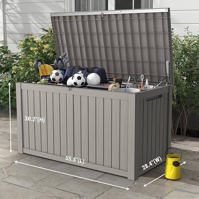 Mars Villa 180 Gallon Outdoor Storage Box, Large Waterproof Resin Deck Box for Patio Furniture Cushions, Pool Supplies, Gardening Tools, Lockable, Weatherproof and UV Resistant, Greige