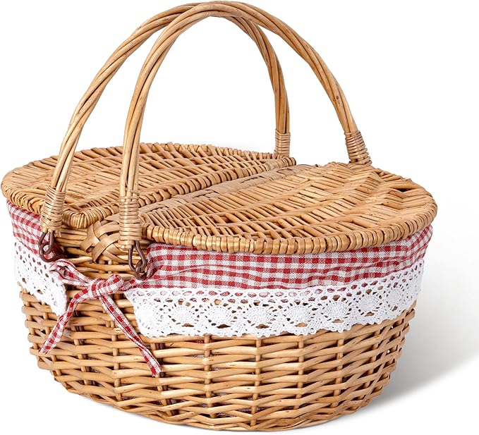 GRANNY SAYS Picnic Basket, Wicker Basket with Lid, Woven Cute Basket with Handle, Storage Basket with Washable Lining & Dual-Flid Lid, Natural Willow Picnic Hamper, Red Lining