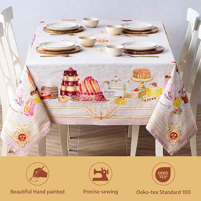 Maison d' Hermine Premium Table Cloth Rectangle Table 100% Combed Cotton 108 x 70 Inches Tablecloth Reusable Decorative for Dining Room, Farmhouse, Home, Party, Festive & Wedding - Pastries