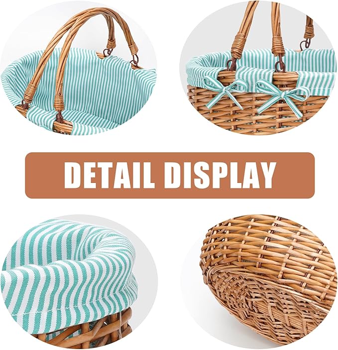 G GOOD GAIN Oval Picnic Basket with Folding Handles, Willow Hand Woven Shopping Basket, Bath Storage Gift Packing Basket, Wicker Empty Easter Eggs and Candy Small Gift Basket.Green