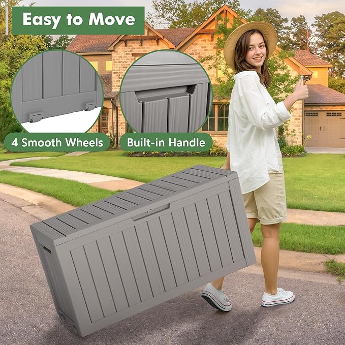 Outdoor Storage Box, Resin Deck Boxes Indoor and outdoor, Waterproof Storage Box Lockable Lid (Grey, 80 Gallon)