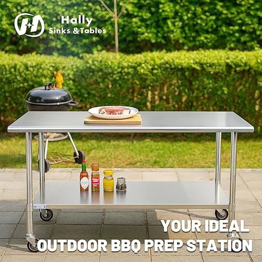 Hally Stainless Steel Table for Prep & Work 30 x 36 Inches with Caster Wheels, NSF Commercial Heavy Duty Table with Undershelf and Galvanized Legs for Restaurant, Home and Hotel