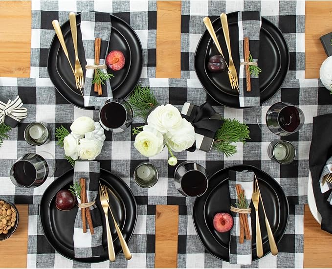 Solino Home Linen Checkered Table Runner 120 Inches Long - 100% Pure Linen Black and White Buffalo Check Table Runner 14 x 120 Inch Ideal for Dining